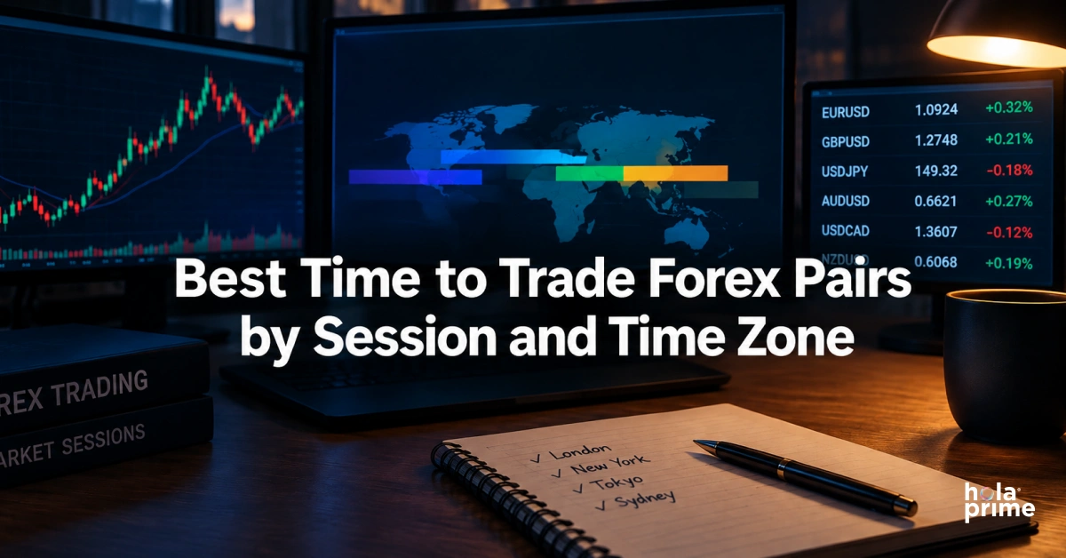 Best time to trade forex pairs by session and time zone, shown with forex charts, a world map, market data, and a trading workspace.